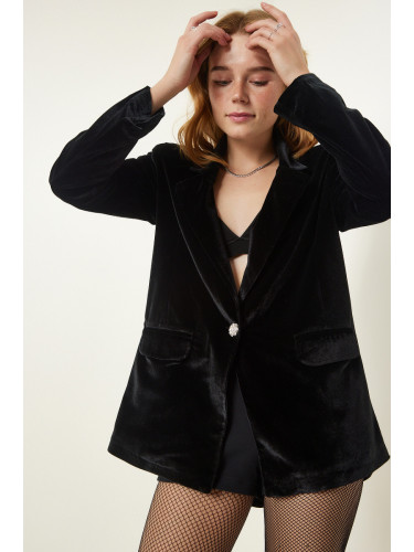 Happiness İstanbul Women's Black Stylish Velvet Blazer Jacket