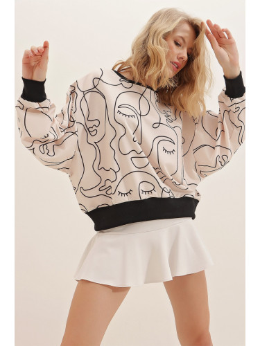 Trend Alaçatı Stili Women's Beige Crew Neck Digital Printed Sweatshirt