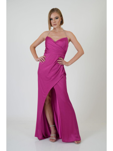 Carmen Fuchsia Stone Strap Satin Evening Dress
