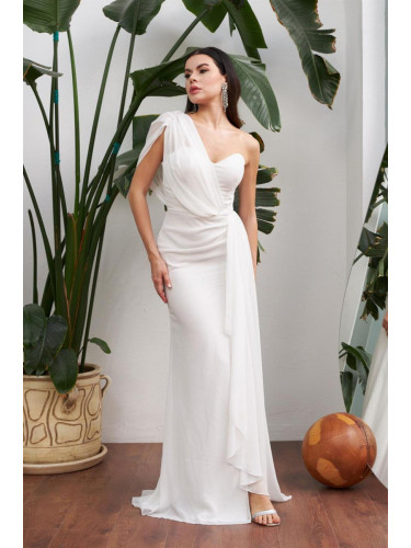 Carmen Chiffon Ecru One-Shoulder Long Wedding Dress with a Slit