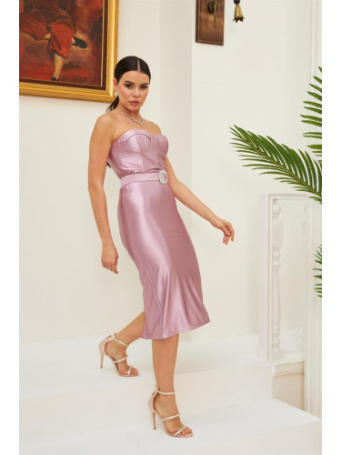 Carmen Lavender Satin Strapless Belted Midi Evening Dress