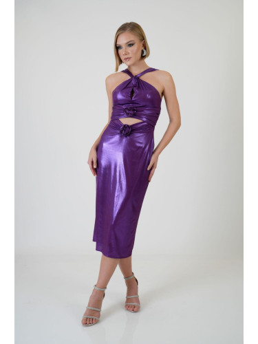 Carmen Purple Rose Detailed Decollete Sandy Evening Dress