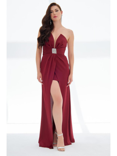 Carmen Burgundy Satin Front Slit Aller Sleeve Long Evening Dress