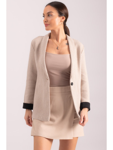 armonika Women's Beige Herringbone Pattern Fold Sleeve Single Button Cachet Jacket