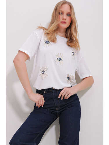 Trend Alaçatı Stili Women's White Crew Neck Eye Printed T-Shirt
