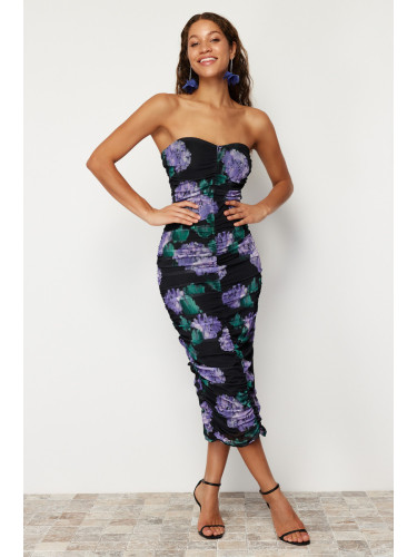 Trendyol Purple-Multicolor Fitted Draped Knitted Tulle Elegant Evening Dress