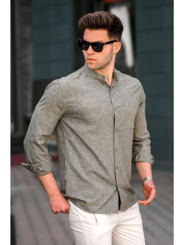Madmext Men's Khaki Linen Straight Long Sleeve Shirt 5548