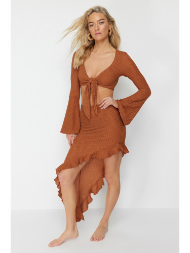 Trendyol Brown Body-Smoothing Woven Ruffle Blouse Beach Skirt Set