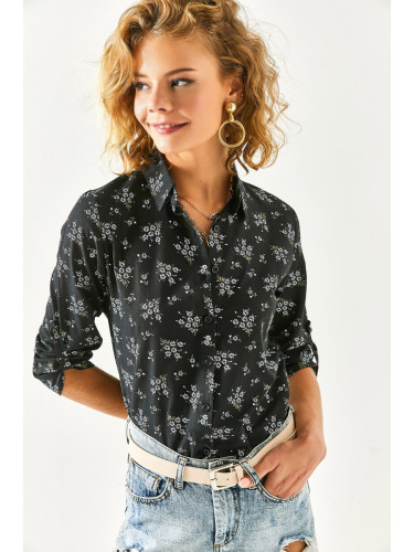 Olalook Women's Black Floral Foldable Linen Shirt with Sleeves
