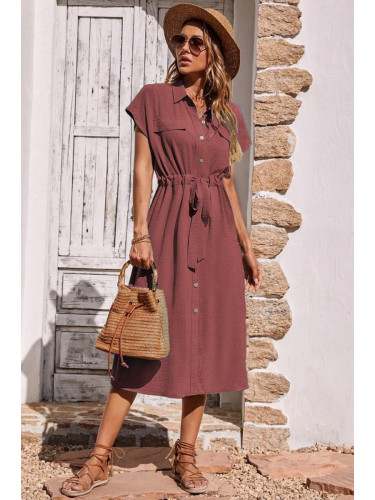 Madmext Burgundy Shirt Collar Long Dress