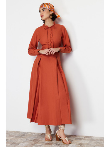 Trendyol Tile Collar Tie Detail Buttoned Woven Dress