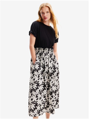 Women's White and Black Floral Midi Dress Desigual Marlon - Women