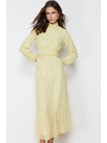 Trendyol Yellow Floral High Neck Waist Detailed Lined Chiffon Woven Dress