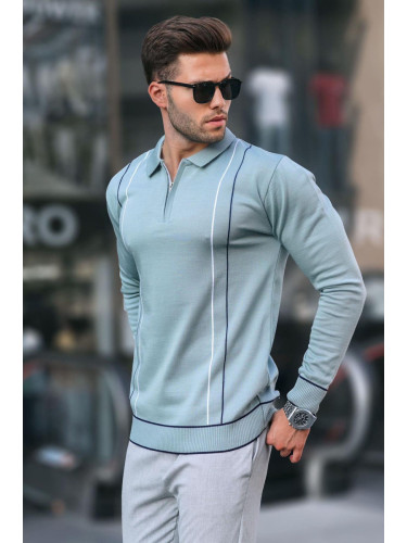 Madmext Water Green Zippered Polo Neck Knitwear Men's Sweater 6823