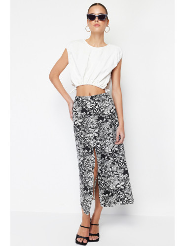 Trendyol Black Patterned Front Slit Detailed Midi Length Woven Linen Look Skirt
