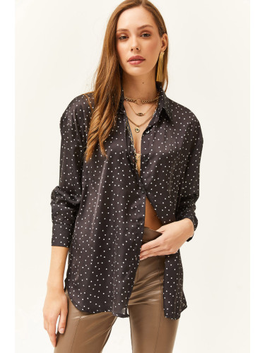 Olalook Women's Polka Dot Black Patterned Oversize Satin Shirt