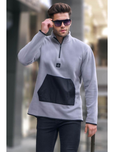 Madmext Men's Painted Gray Bato Collar Kangaroo Pocket Cold-Proof Fleece Sweatshirt 6018.