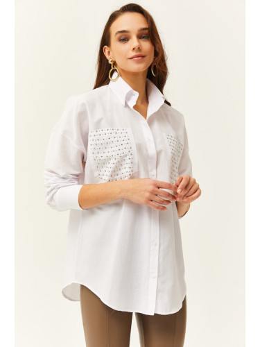 Olalook Women's White Pocket Staple Detailed Oversize Shirt