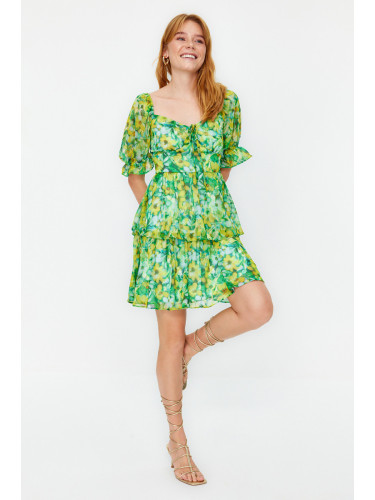 Trendyol Green Floral Skirt Flounced Madonna Collar Chiffon Mini Lined Woven Dress