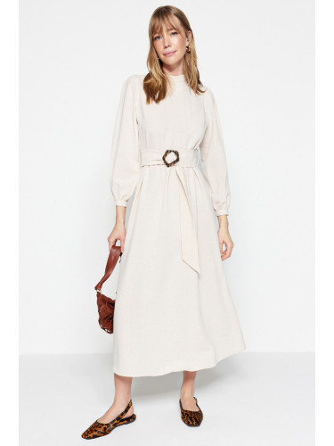 Trendyol Ecru Belted High Neck Linen Look Woven Dress