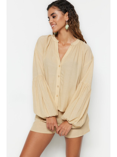 Trendyol Beige Woven 100% Cotton Shirt Shorts Suit