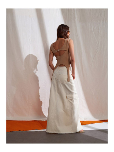 Dilvin 80879 Long Skirt with Cargo Pocket-Ecru