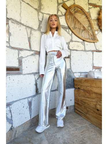 Trend Alaçatı Stili Women's Silver Elastic Waist Foil Trousers