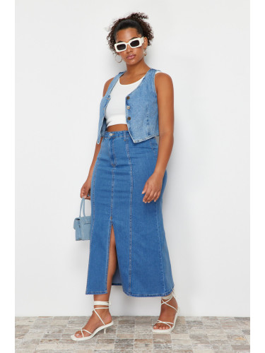 Trendyol Curve Blue Front Slit Detailed Midi Denim Skirt