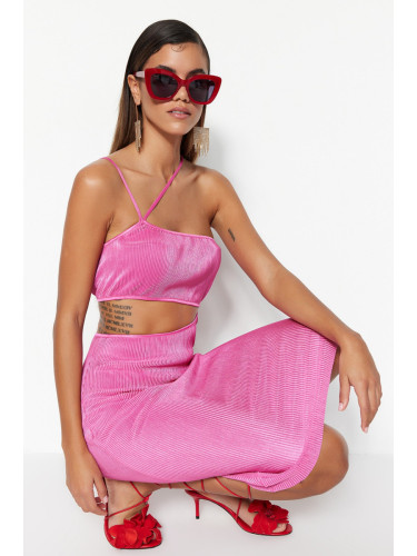 Trendyol Textured Knitted Elegant Evening Dress with Pink Window/Cut Out Detail