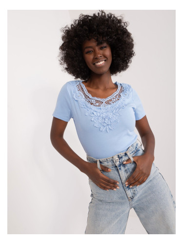 Light blue blouse with lace neckline