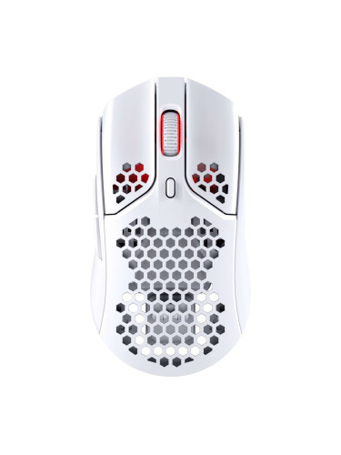 Мишка HyperX Pulsefire Haste White, оптична (19000 DPI), безжична, USB, бяла, RGB подсветка, 6 бутона, сензор PixArt 3335, програмируеми бутони