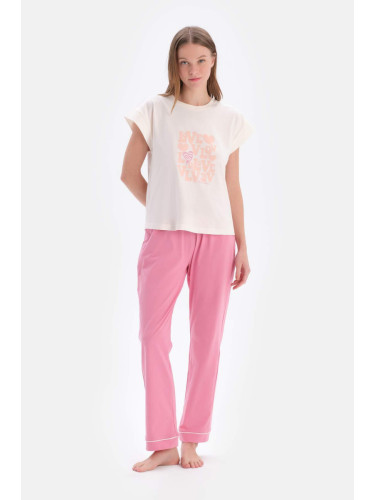 Dagi Ecru Short Sleeve Piece Printed T-Shirt Trousers Pajamas Set