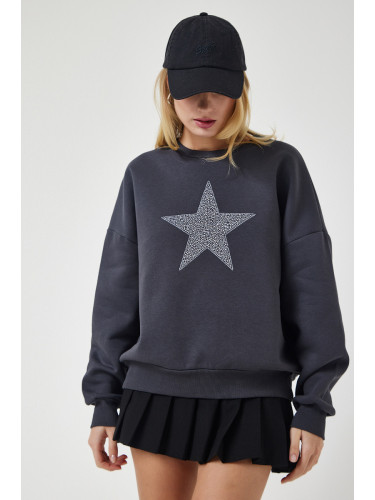 Happiness İstanbul Women's Anthracite Star Embroidered Raised Knitted Sweatshirt
