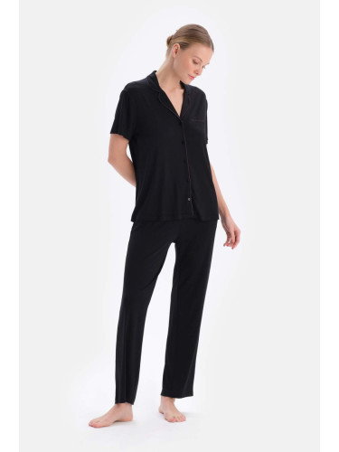 Dagi Black Embroidery Detailed Viscose Shirt Trousers Pajamas Set