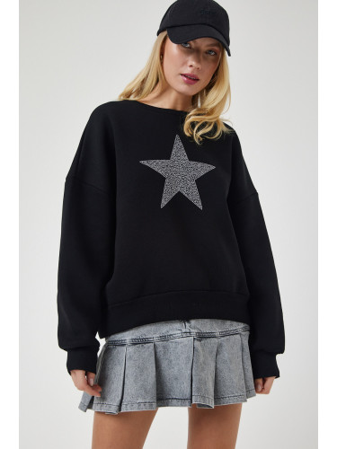 Happiness İstanbul Women's Black Star Embroidered Raised Knitted Sweatshirt