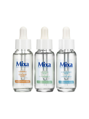 Пакет с отстъпка Серум за лице Mixa Salicylic Acid + Niacinamide Anti-Imperfection Serum + Серум за лице Mixa Hyaluronic Acid + Lactic Acid Anti-Dryness Hydrating Serum + Серум за лице Mixa Vitamin C + Glycolic Acid Anti-Dark Spot Serum