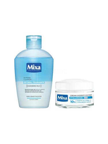 Пакет с отстъпка Почистване на грим от очите Mixa Optimal Tolerance Bi-phase Cleanser + Дневен крем за лице Mixa Hyalurogel Rich