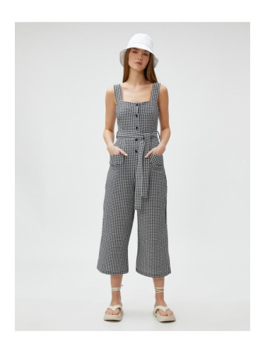 Koton Wide Leg Jumpsuit With Straps, Belted, Pockets and Button Detail.