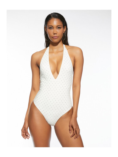 Koton Barbell Neck Swimsuit V-Neck Shiny Stone Embroidered