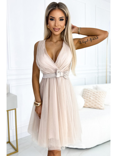 523-3 Tulle dress with a neckline and bow - beige
