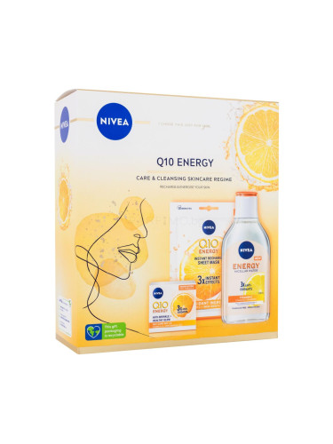 Nivea Q10 Energy Gift Set Подаръчен комплект дневен крем за лице Q10 Energy 50 ml + мицеларна вода Q10 Energy 400 ml + текстилна маска за лице Q10 Energy 1 бр увредена кутия