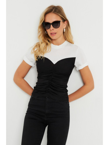 Cool & Sexy Women's Gathered T-Shirt Blouse Black-White KS117