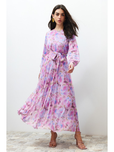 Trendyol Pink Floral Sash Detailed Lined Pleated Chiffon Woven Dress