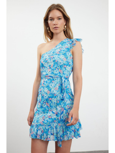 Trendyol Blue Floral Belted Mini Patterned Single Sleeve Detailed Ruffle Lined Flexible Knit Dress
