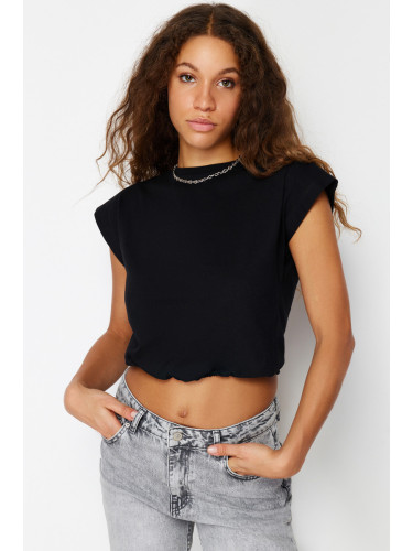 Trendyol Black 100% Cotton With Stopper Moon Sleeve Regular/Normal Fit Crop Knitted T-Shirt