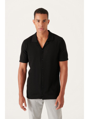 Avva Men's Black Cuban Collar Buttoned Regular Fit Knitwear T-shirt