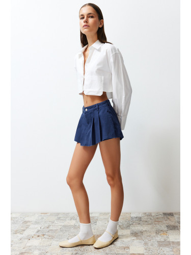 Trendyol Navy Blue Pleated Mini Denim Shorts Skirt
