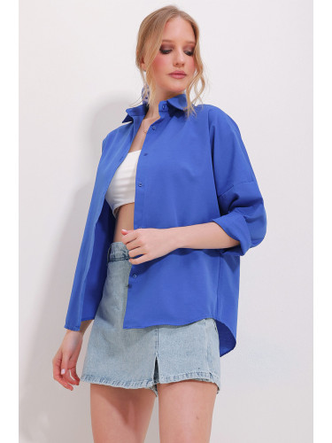 Trend Alaçatı Stili Women's Saxe Cuff Cotton Basic Shirt