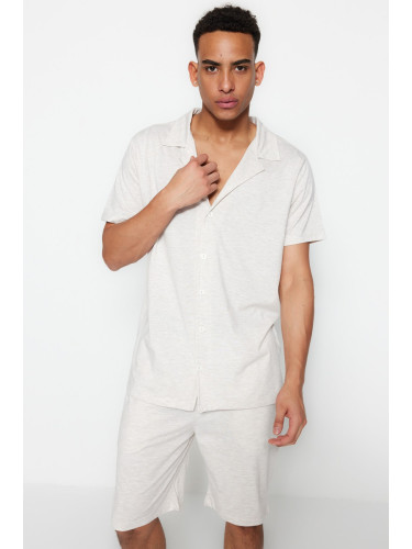 Trendyol Beige Regular Fit Shirt Collar Knitted Summer Pajama Set with Shorts