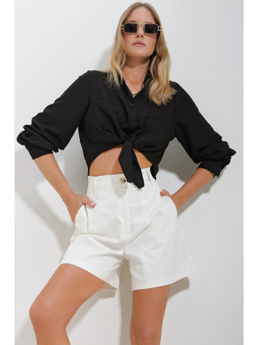 Trend Alaçatı Stili Women's Black Double Pocket Front Tie Aerobin Crop Shirt